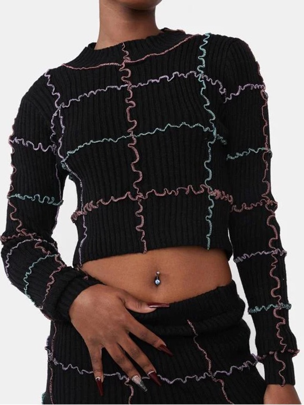 DOLLS KILL Multicolored Lettuce Trim Cropped Sweater - Size L